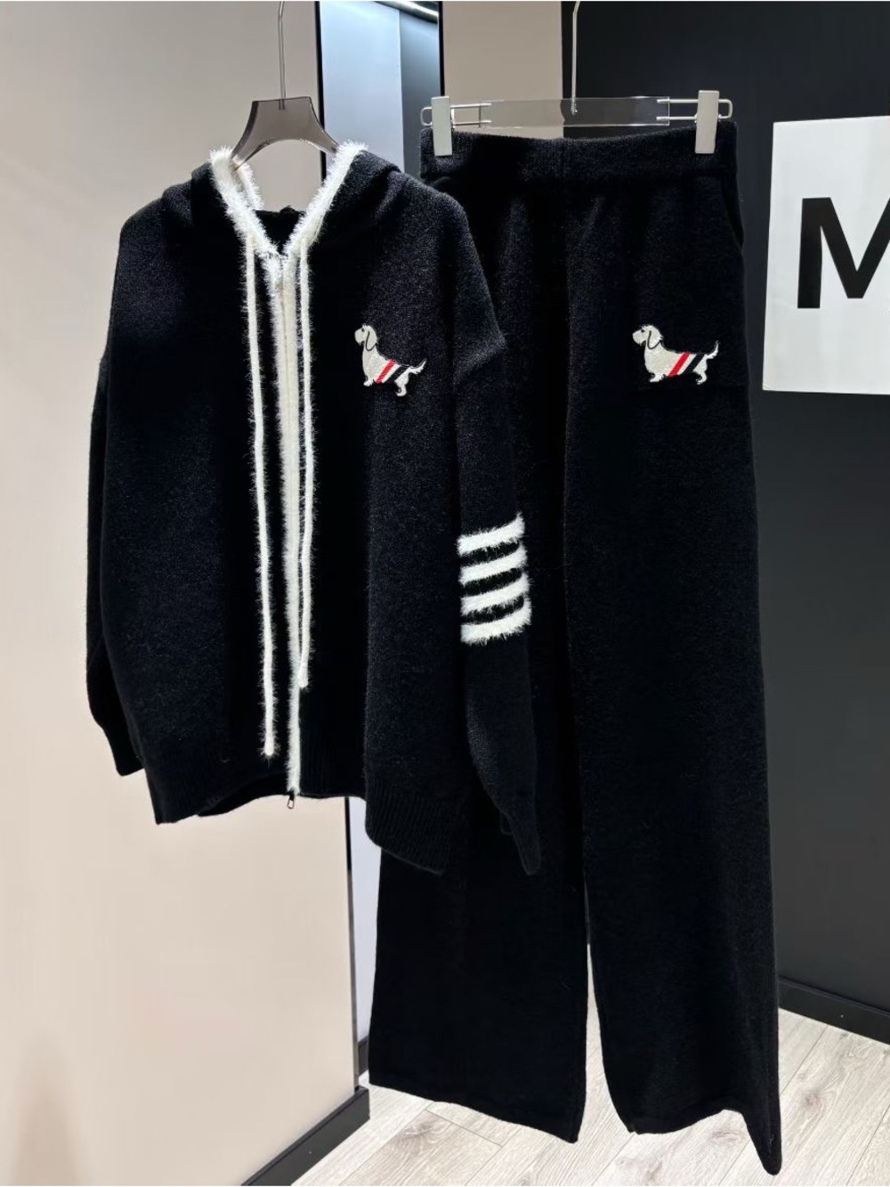 Thom Browne Black Knit Hooded Jumpsuit Set with White Trim and Dog Motif